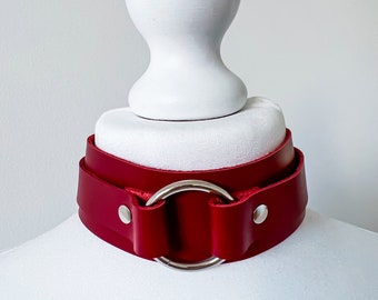 Red Leather O Ring Choker: Full Grain Collar, 4cm Wide