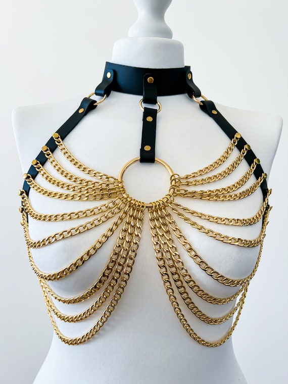 Leather Chest Harness With Chains Silver or Gold - Etsy