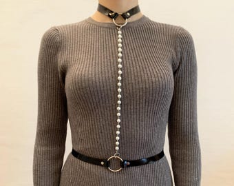 Genuine Leather Body Harness with Pearl Imitation