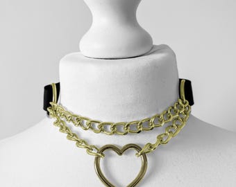 Leather choker necklace with chain and heart; black, pink or red gold chain
