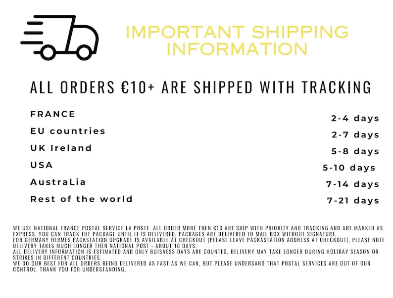 Pode incluir: Fundo branco com texto preto e um gr&aacute;fico de cami&atilde;o. O texto diz "IMPORTANT SHIPPING INFORMATION" e "ALL ORDERS &euro;10+ ARE SHIPPED WITH TRACKING". Os tempos de entrega s&atilde;o listados para v&aacute;rias regi&otilde;es.
