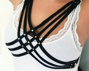 Leather harness bra top for woman with buckles adjustable