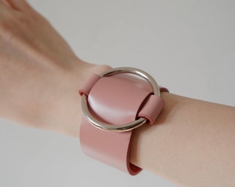 Pink Leather O-Ring Bracelet: Wide Full Grain Cuff