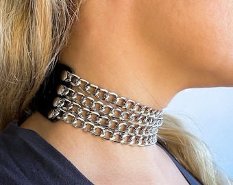 Wide leather choker with 4 row lightweight aluminum chains