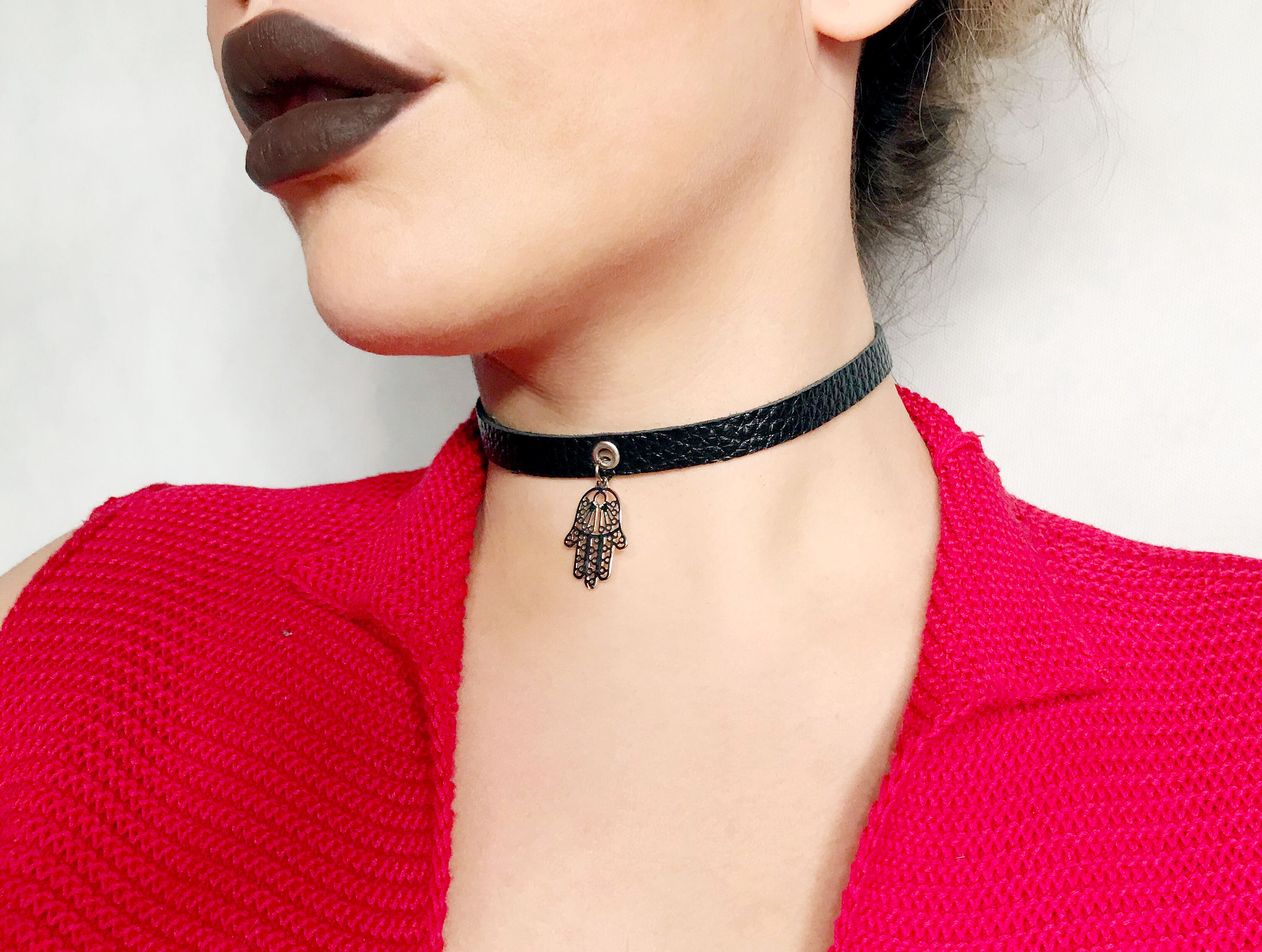 Black Leather Choker With Hams Pendant Etsy