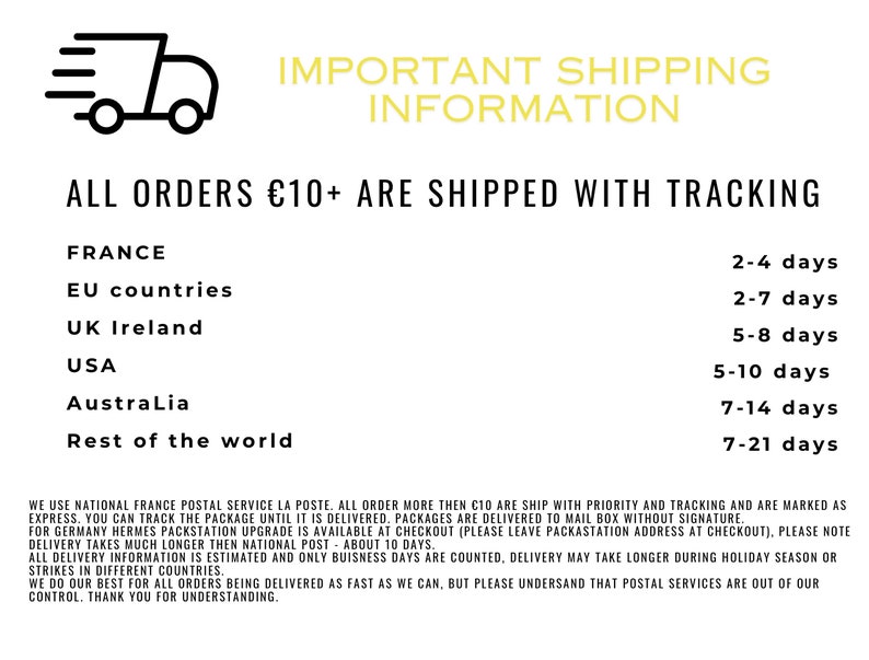 May include: A black and white illustration of a delivery truck with the text "IMPORTANT SHIPPING INFORMATION" and "ALL ORDERS &euro;10+ ARE SHIPPED WITH TRACKING". The image lists estimated shipping times for orders to France, EU countries, UK Ireland, USA, Australia, and the rest of the world.