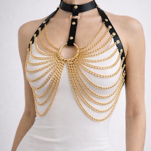 Leather Chain Harness: Italian Leather, Gold or Silver Chains