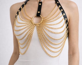 Leather Chain Harness: Italian Leather, Gold or Silver Chains