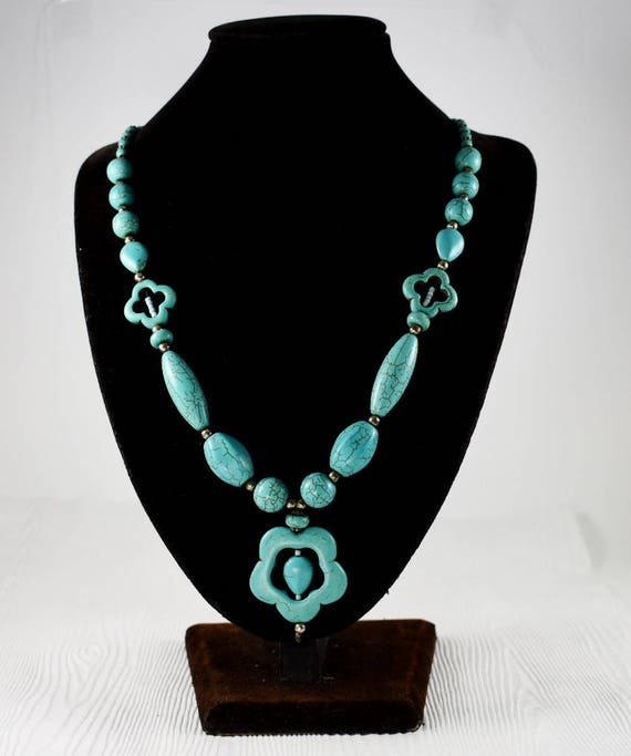 Vintage Turquoise Flower Necklace women handmade … - image 2