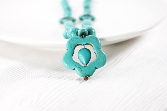 Vintage Turquoise Flower Necklace women handmade … - image 3