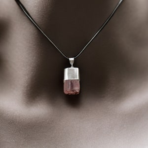 Raw Pink Rubellite Tourmaline Necklace -  Gemstone Pendant with Leather Black Chain or Silver Sterling 925 - Elegant Statement Jewelry