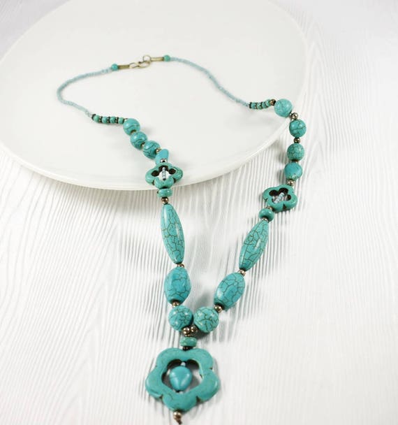 Vintage Turquoise Flower Necklace women handmade … - image 1