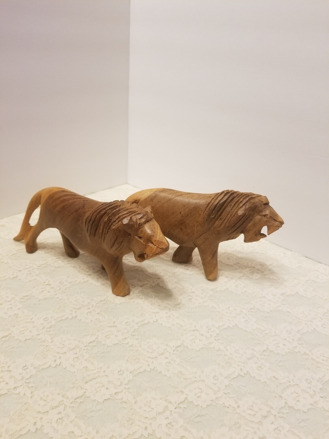 Vintage Hand Carved Wooden Lions African Animals Etsy