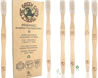 6Pack Organic Bamboo Toothbrushes. Eco-Friendly & Sustainable Toothbrush. 100% Vegan Compostable Wooden Handles Durable Medium Soft Bristles