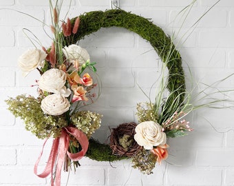 Spring Front Door Wreath with Grapevine Birdsnest, Sola Wood Rose, Peach Freesia, Bunny Tails and Berries