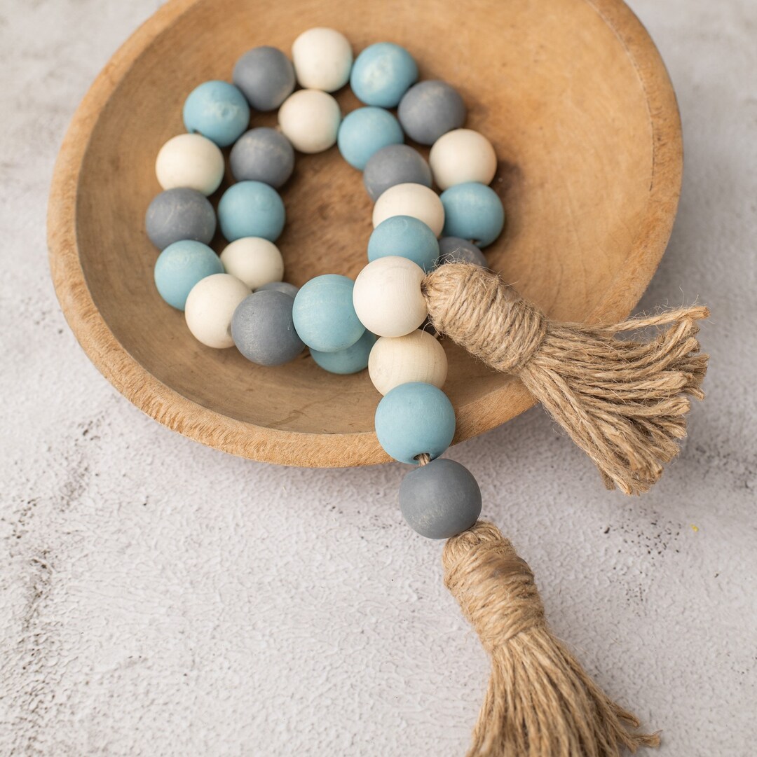 Farmhouse Beads, Home Decor Beads, Wood Bead Garland, Turquoise, Gray and Natural Bead Garland