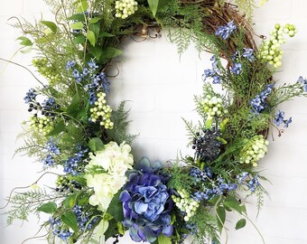 Summer Wreaths for Front Door, Blue and Green Hydrangea Spring and Summer Wreath, Spring Wreath for Front Door,