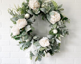 White Peony Easter Wreath with Speckled Eggs & Silk Ribbon