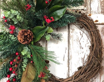 Christmas Wreath, Buffalo Plaid Christmas, Holiday Wreath, Rustic Holiday Decor, Farmhouse Christmas