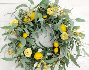 Lemon and Eucalyptus Spring Wreath for Front Door, Citrus Summer Wreath