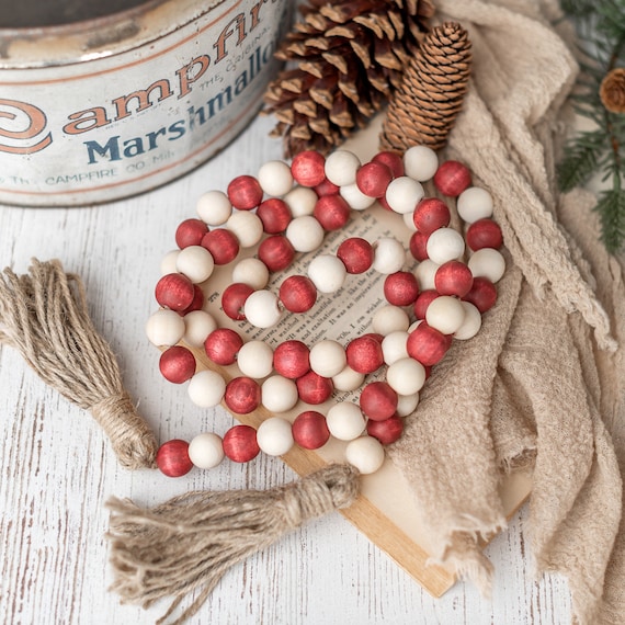 Red and White Wood Bead Garland, Christmas Bead Garland With Tassels,  Tiered Tray Decor 