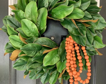 Magnolia Wreath with Rustic Orange Decor Beads