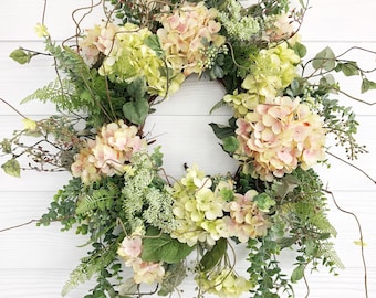 Spring Wreath, Summer Wreath, Pink and Green Hydrangea Wreath, Outdoor Decor, Front Door Decor, Wreaths For Spring