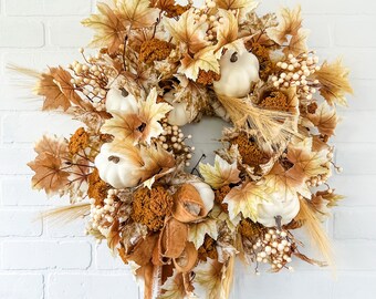 Fall Wreath, Artificial Fall Front Door Wreath with Maple Leaves, White Pumpkins, and Berries