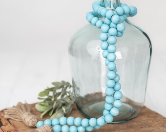 Turquoise Wood Bead Garland with Tassels, Farmhouse Beads