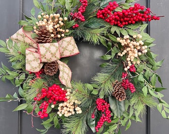 Christmas Wreath for Front Door Traditional Holiday Pine Wreath