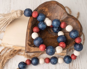 Patriotic Wood Bead Garland, Patriotic Home Decor Beads, Americana Farmhouse Beads