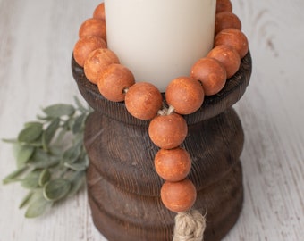 Fall Farmhouse Bead Loop Garland with Tassel, Farmhouse Beads, Rustic Orange Wood Bead Garland