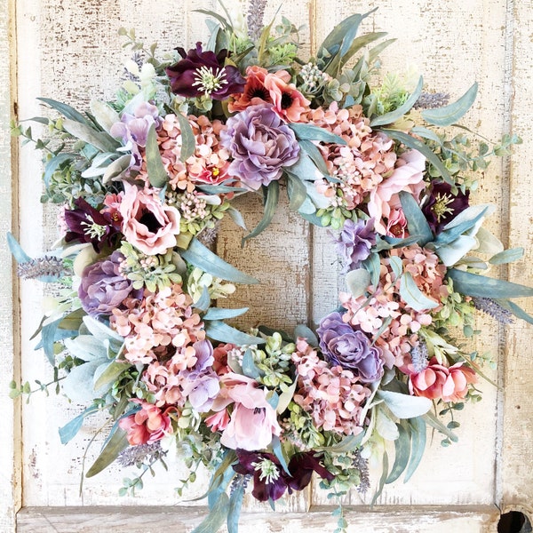 Pink and Purple Spring Wreath, Hydrangea Spring Wreath, Spring Wreath for Front Door, Summer Wreath