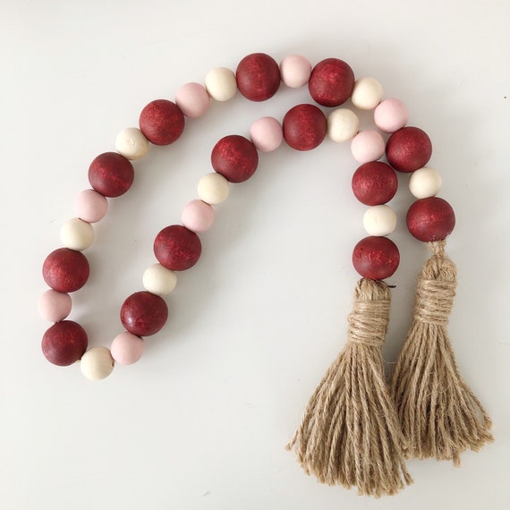 Valentines Day Wood Bead Garland, Red, Pink and Natural Wood Bead Garland 