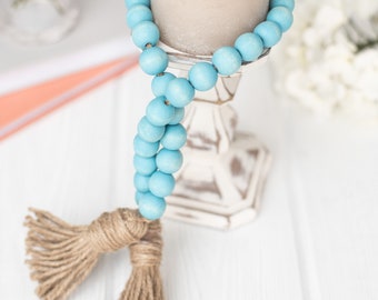 Turquoise Wood Bead Garland with Tassels, Farmhouse Beads, Wood Bead Garland, Farmhouse Gift Ideas