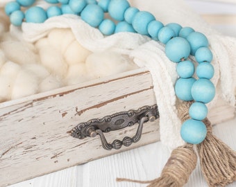 Turquoise Wood Bead Garland with Tassels, Farmhouse Beads