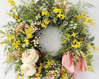 Forsythia and Rose Spring Wreath for Front Door, Mother's Day Gift