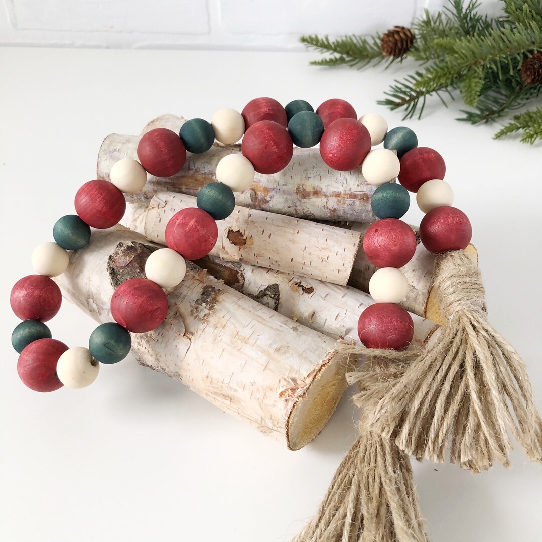 Christmas Wood Bead Garland, Farmhouse Christmas Holiday Garland