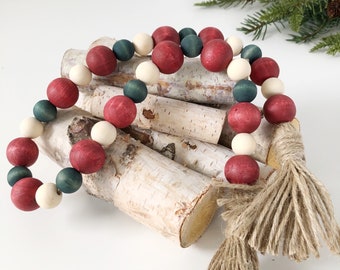 Christmas Wood Bead Garland, Farmhouse Christmas Holiday Garland, Farmhouse Gift Idea