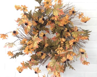 Black-Eyed Susan Fall Wreath for Front Door, Fall Farmhouse Wreath, Autumn Wreath