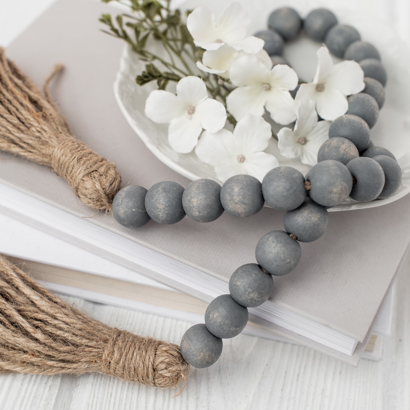Blue gray wood bead garland with jute tassels, boho home decor, jewelry for  the home, rustic bead garland, farmhouse beads