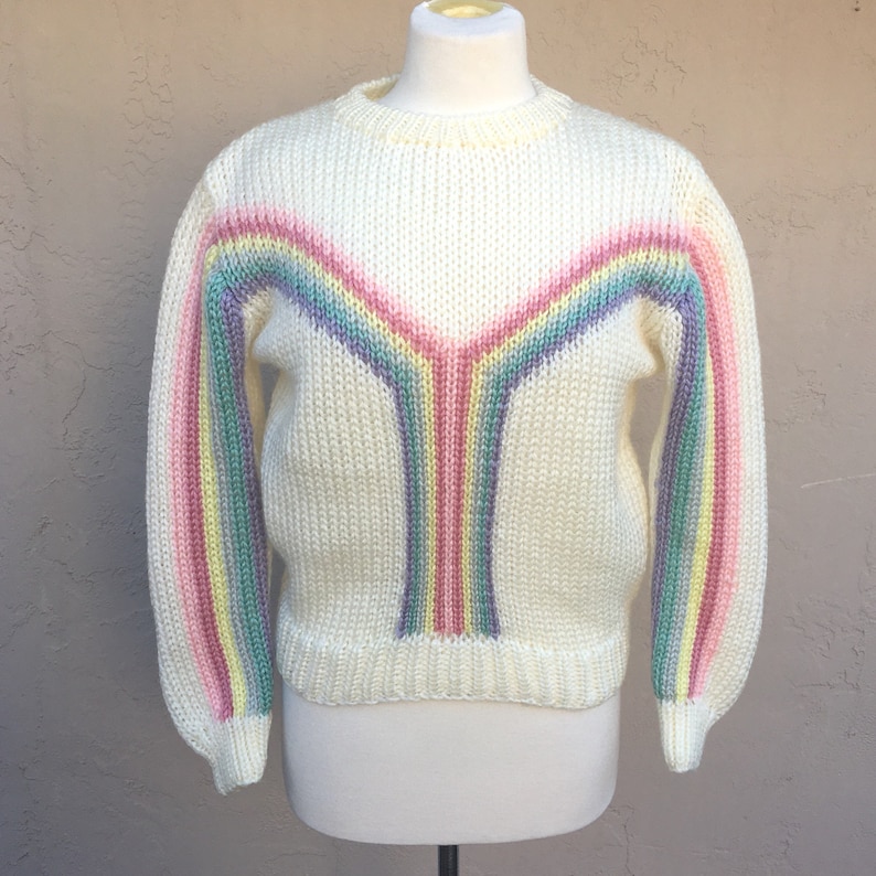 Vintage 80s Pastel Rainbow Sweater 1980s Sweater Early 80s 80s Party Cream Pink Purple Yellow Cristina/'s Acrylic Stripes