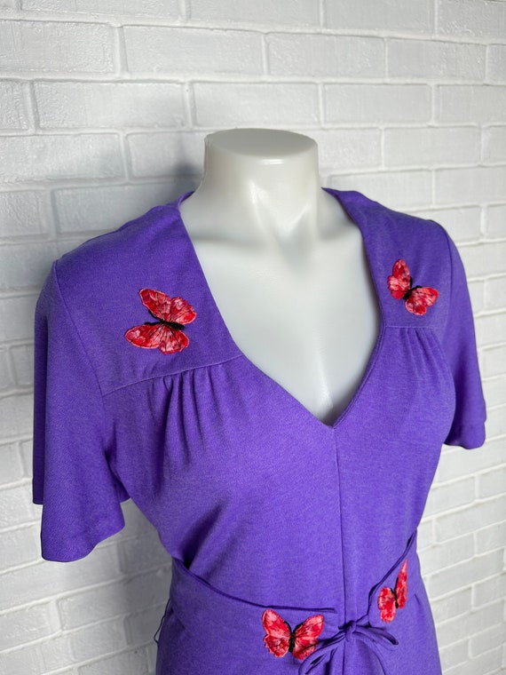 Vintage 70s Purple Flutter Sleeve Dress/ Embroide… - image 5