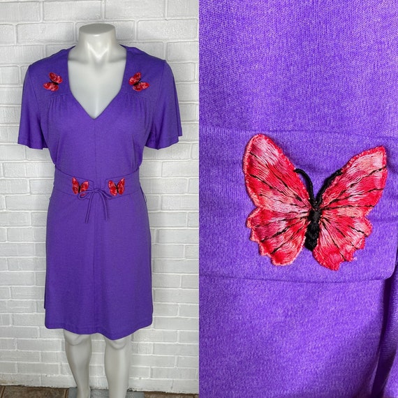 Vintage 70s Purple Flutter Sleeve Dress/ Embroide… - image 1