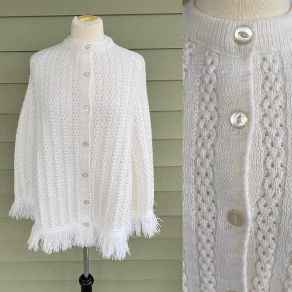 Vintage 70s Crochet Poncho/ Off White/ 1970s Ponc… - image 1