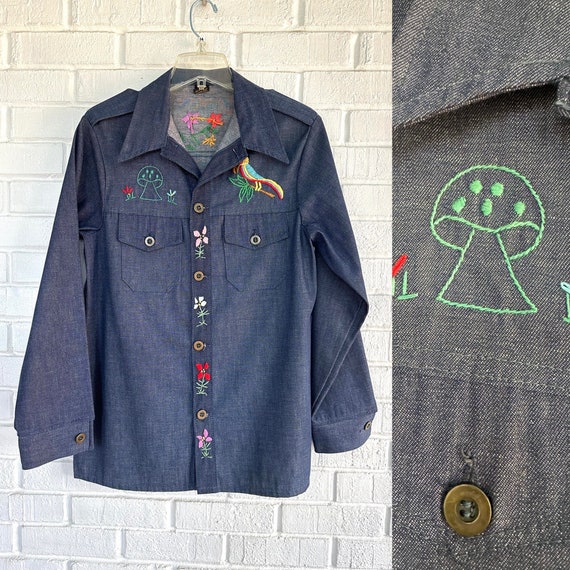 Vintage 70s Denim Blazer/ Custom Embroidered/ 197… - image 1