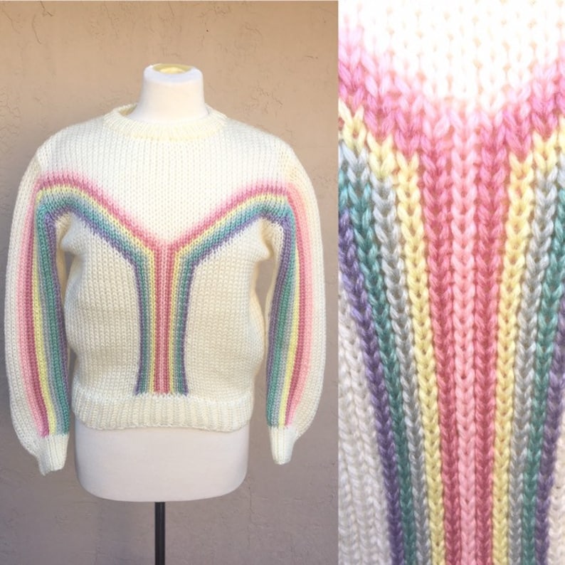 Vintage 80s Pastel Rainbow Sweater 1980s Sweater Early 80s 80s Party Cream Pink Purple Yellow Cristina/'s Acrylic Stripes