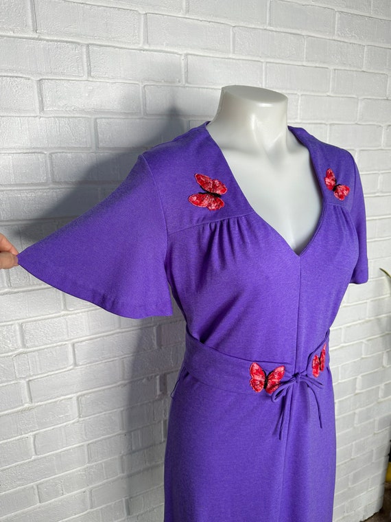 Vintage 70s Purple Flutter Sleeve Dress/ Embroide… - image 2