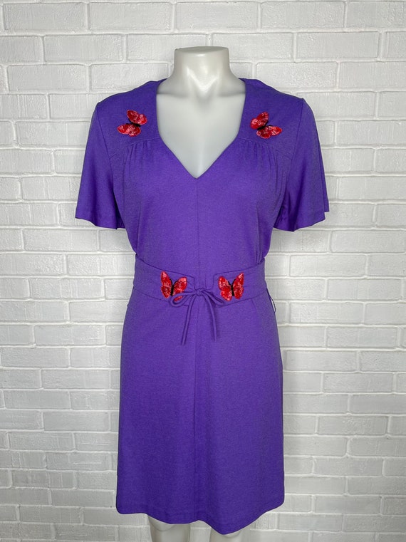 Vintage 70s Purple Flutter Sleeve Dress/ Embroide… - image 3