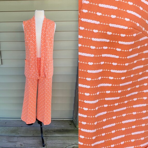 Vintage 70s 2 Piece Pants and Vest/ Orange/ Polyes